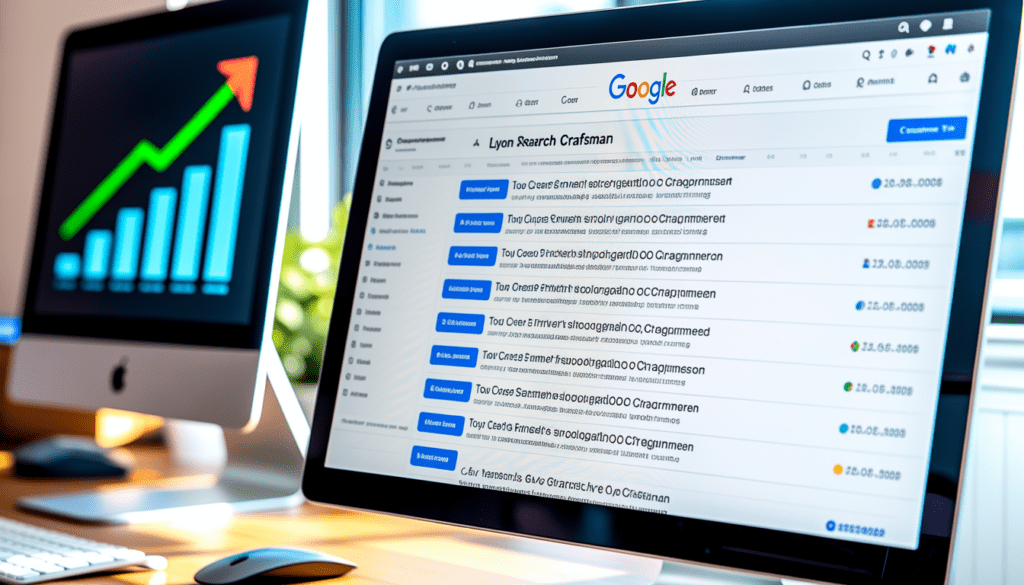Écran d’ordinateur affichant les classements Google en hausse pour un artisan lyonnais, bureau moderne avec tableaux de bord SEO et graphiques de trafic en arrière-plan, éclairage naturel mettant en valeur les détails numériques