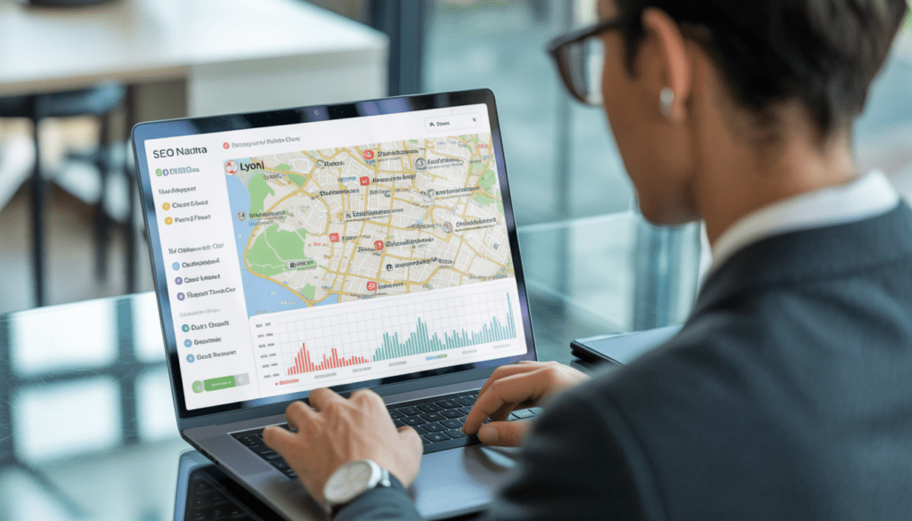 Consultant SEO travaillant sur un ordinateur portable affichant une carte interactive de Lyon avec des marqueurs de restaurants et des graphiques de performance SEO transparents en bureau moderne et lumineux