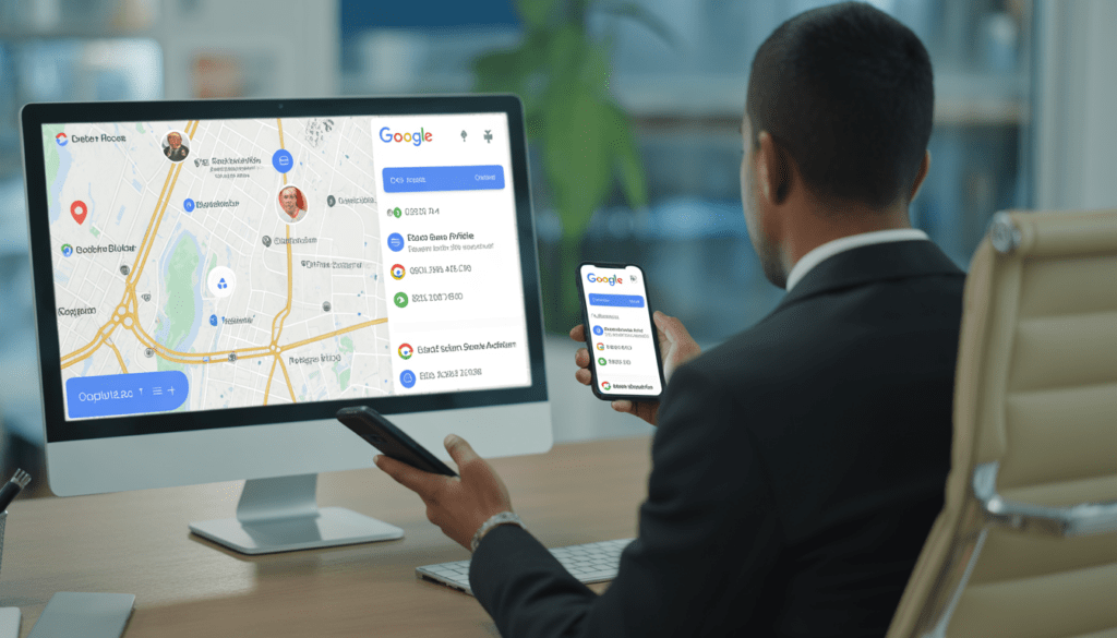 Consultant professionnel dans un bureau moderne travaillant sur un ordinateur et un smartphone affichant un profil Google Business avec carte locale et icônes de géolocalisation