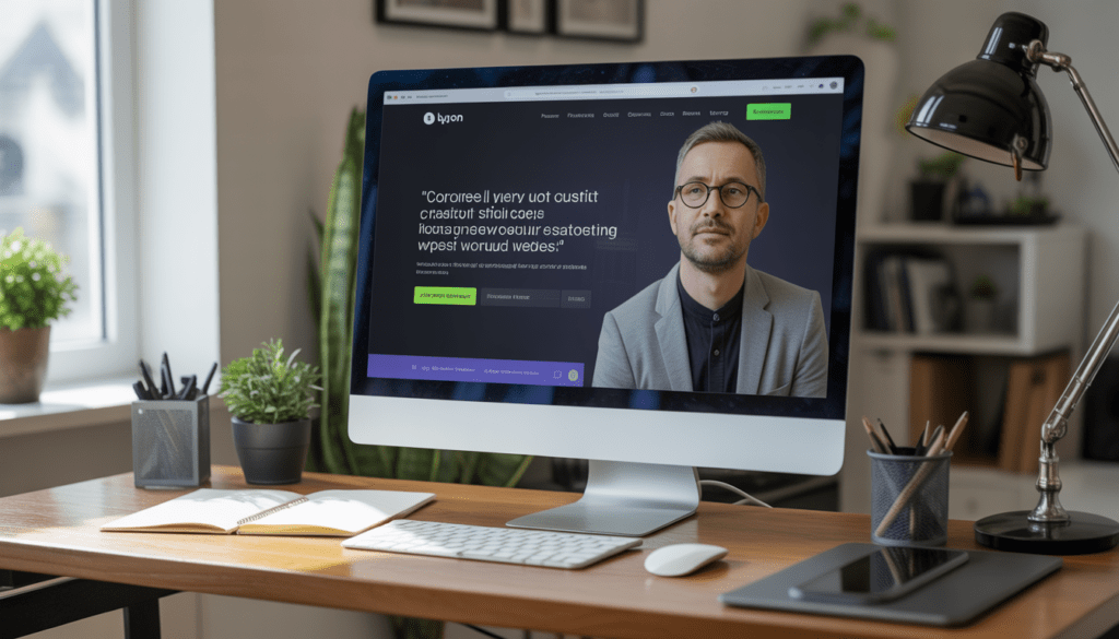 Bureau moderne avec ordinateur affichant une maquette propre de site WordPress et un devis clair à l'écran dans un environnement créatif à Lyon