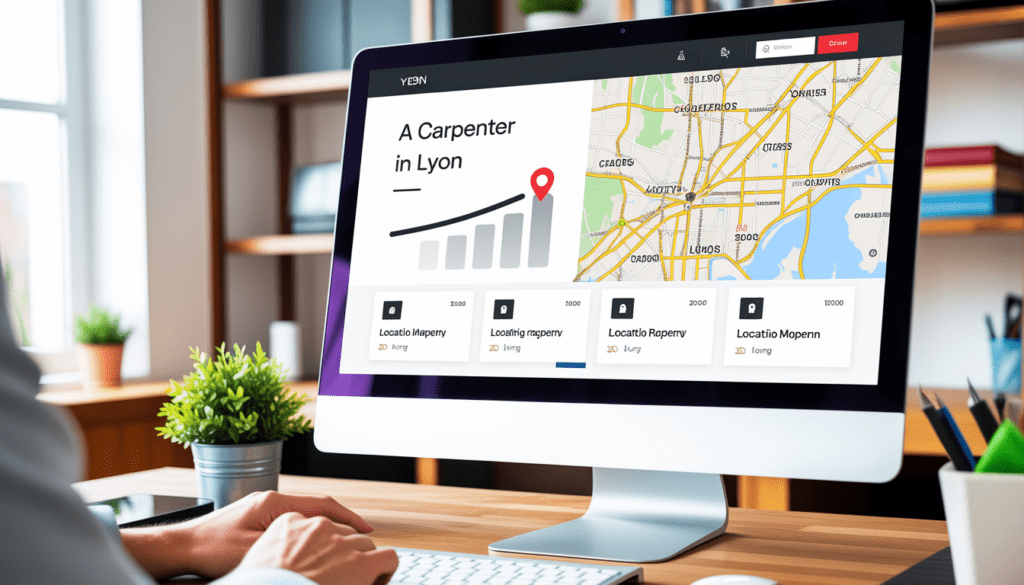 Écran d’ordinateur affichant un design web moderne et épuré pour un menuisier à Lyon avec graphiques de trafic en hausse et repères de localisation sur une carte locale de Lyon, environnement lumineux et propre