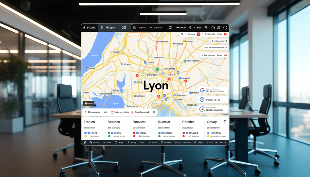 Carte locale de Lyon avec marqueurs précis sur les zones artisanales, fond de bureau moderne avec éclairage high-tech mettant en avant des données de trafic en hausse et des superpositions de recherches Google, environnement propre, photo réaliste en haute définition