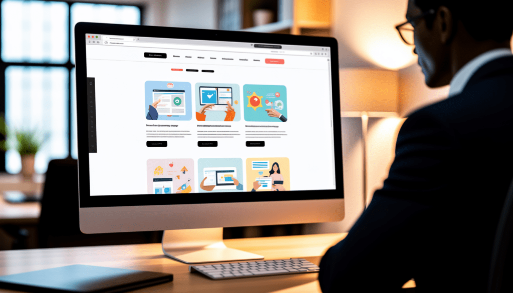 Écran d'ordinateur moderne affichant un design web minimaliste et épuré avec illustrations simples et couleurs vibrantes dans un bureau professionnel chaleureux