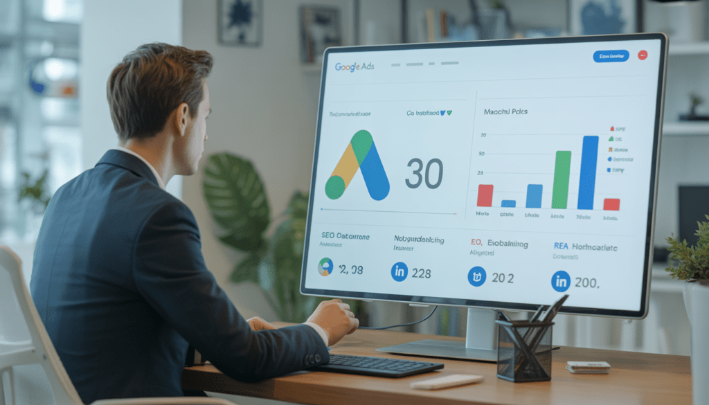 Consultant en marketing digital professionnel analysant des tableaux de bord Google Ads et graphiques de croissance dans un bureau moderne lumineux