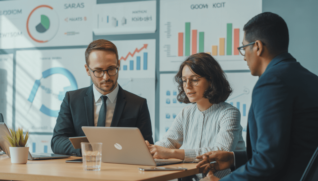 Consultant professionnel et équipe PME dans un bureau moderne analysant un tableau de bord numérique avec graphiques de croissance SEO et ROI Google Ads