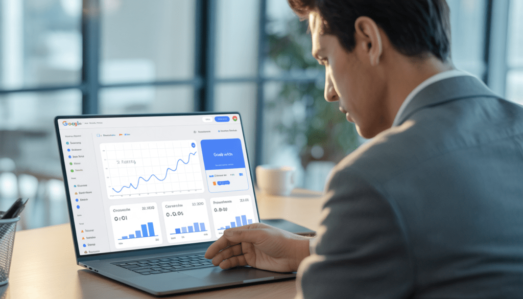 Consultant expert en marketing digital analysant les tableaux de performance Google Ads sur un ordinateur portable dans un bureau moderne et lumineux