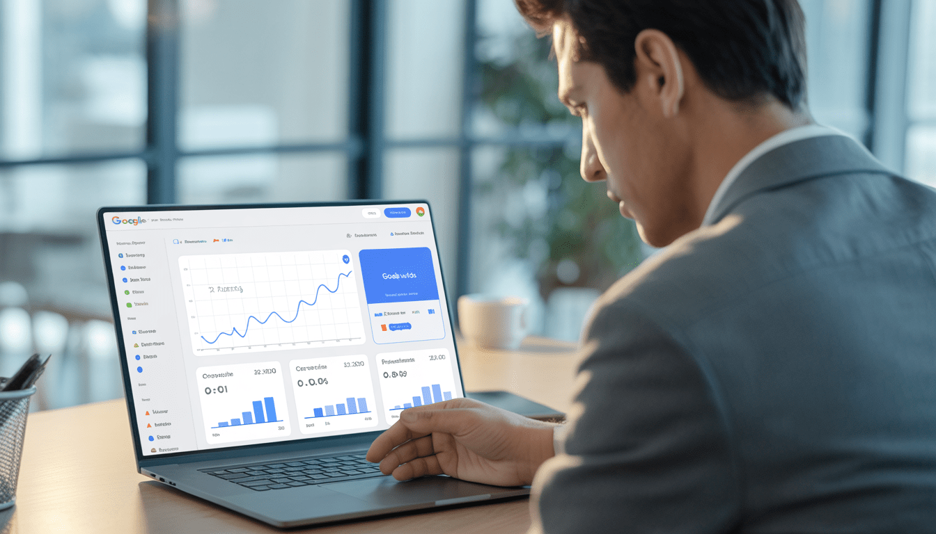 Consultant expert en marketing digital analysant les tableaux de performance Google Ads sur un ordinateur portable dans un bureau moderne et lumineux