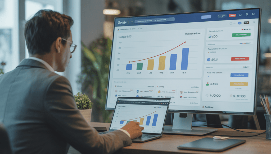 Consultant en gestion campagne Google Ads Lyon analysant un tableau de bord en temps réel pour maximiser le retour sur investissement d'une PME