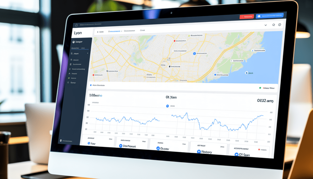 Écran professionnel affichant un tableau de bord analytique élégant avec carte locale de Lyon, marquages de localisation précis et graphiques de trafic ascendantes dans un bureau moderne et lumineux