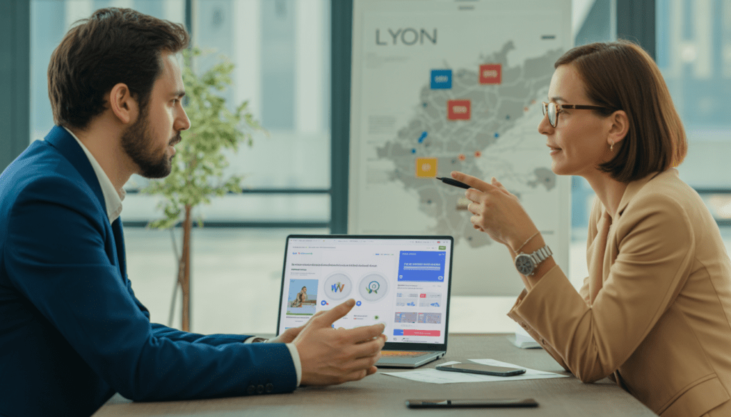 Consultant marketing digital Lyon discutant des besoins avec une PME locale dans un bureau moderne lumineux