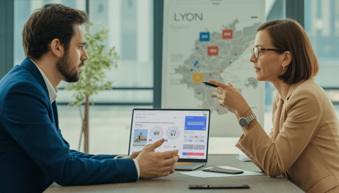 Consultant marketing digital Lyon discutant des besoins avec une PME locale dans un bureau moderne lumineux