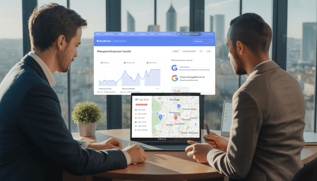 Consultant marketing digital Lyon travaillant avec un propriétaire de petite entreprise dans un bureau moderne avec vue sur Lyon