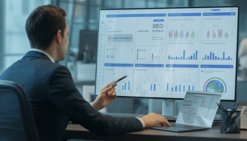 Consultant en marketing digital analysant des tableaux de bord SEO et des graphiques de trafic organique sur plusieurs écrans dans un bureau moderne et minimaliste