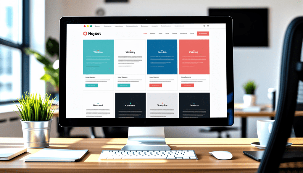 Écran d’ordinateur moderne affichant un design web minimaliste et coloré dans un bureau lumineux de consultant en marketing digital