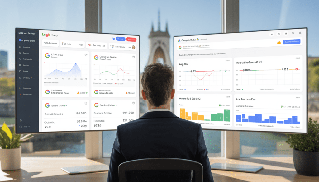 Consultant en marketing digital analysant un tableau de bord de référencement naturel Lyon dans un bureau moderne à Lyon avec vue sur La Part-Dieu