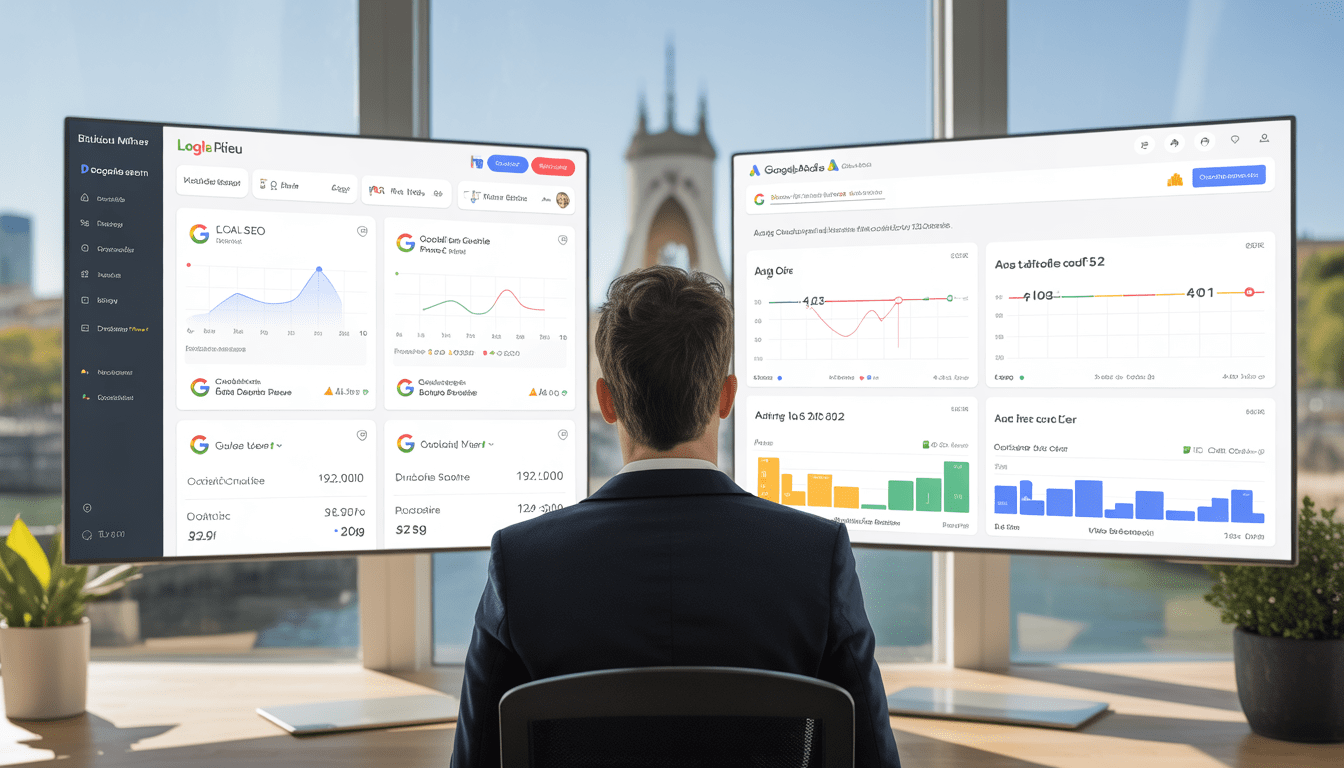 Consultant en marketing digital analysant un tableau de bord de référencement naturel Lyon dans un bureau moderne à Lyon avec vue sur La Part-Dieu