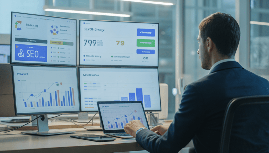 Analyste expert travaillant avec plusieurs écrans affichant des tableaux de bord SEO, courbes de trafic, mots-clés et indicateurs de performance en hausse dans un bureau moderne et lumineux