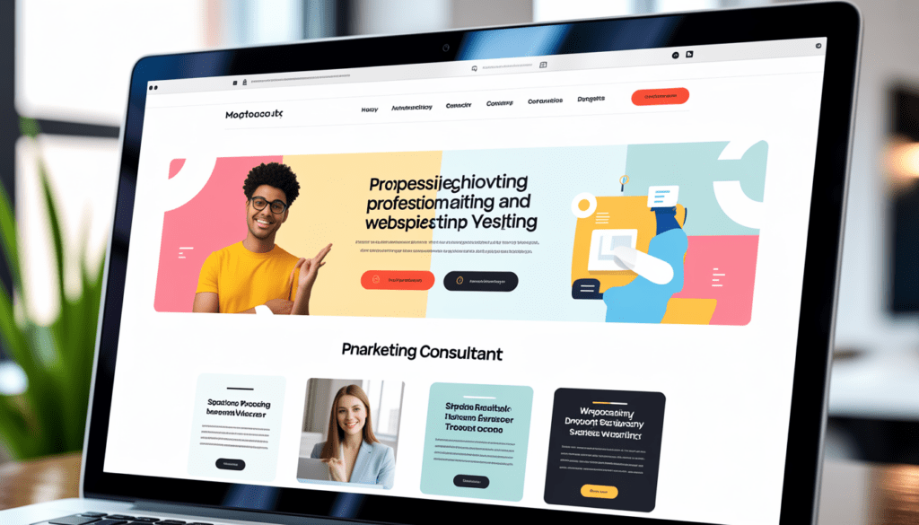 Écran d'ordinateur moderne affichant un design de site internet professionnel, minimaliste avec des couleurs vives et illustrations simples