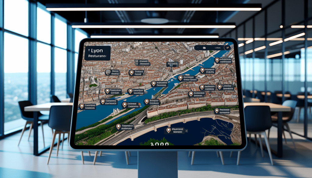 Carte digitale interactive de Lyon avec marqueurs précis des restaurants, dans un bureau moderne et épuré, éclairage high-tech, image photoréaliste en 4K