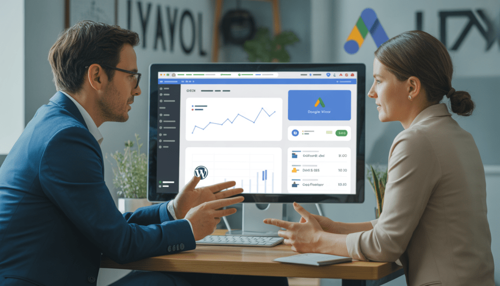 Consultant marketing digital Lyon discutant avec un propriétaire de petite entreprise lyonnaise dans un bureau moderne avec ordinateur affichant un site WordPress et des graphiques SEO locaux