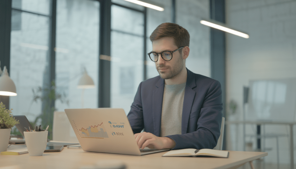 Consultant marketing digital travaillant sur un ordinateur portable avec des graphiques de croissance et des indicateurs de performance dans un espace coworking lumineux et moderne à Lyon.