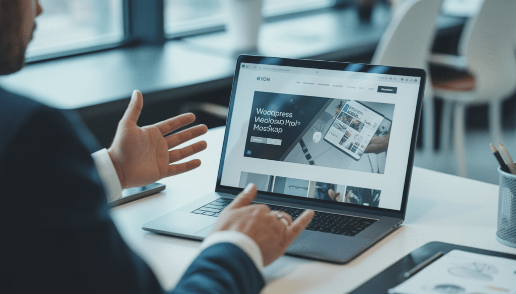 Consultant freelance présentant une maquette moderne et épurée de site WordPress sur un ordinateur portable pour une PME lyonnaise, dans un bureau contemporain lumineux avec une atmosphère professionnelle et créative