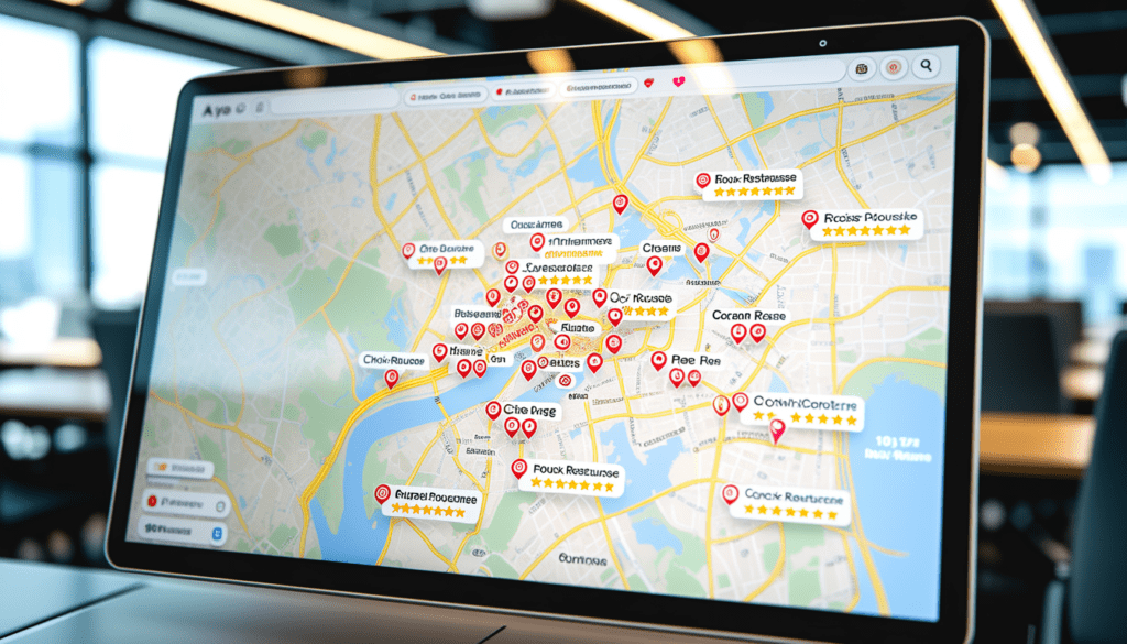 Carte digitale de Lyon montrant des marqueurs précis pour restaurants à Croix-Rousse, icônes de carte subtiles et étoiles d'avis clients sur un écran tactile high-tech en environnement de bureau moderne