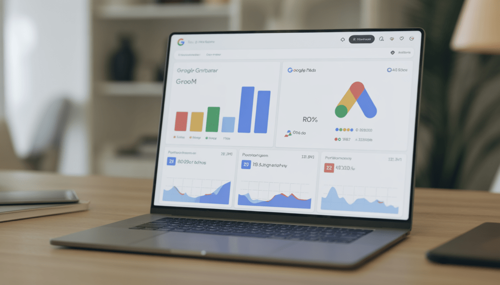 Consultant marketing digital travaillant à distance dans un bureau moderne et minimaliste avec ordinateur portable ouvert et deux écrans affichant des tableaux de bord Google Ads, graphiques de performance ascendante et indicateurs de ROI