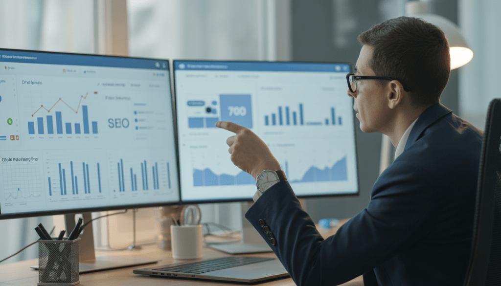Consultant en marketing digital analysant un tableau de bord SEO avec graphiques de croissance et problèmes identifiés sur plusieurs écrans dans un bureau moderne