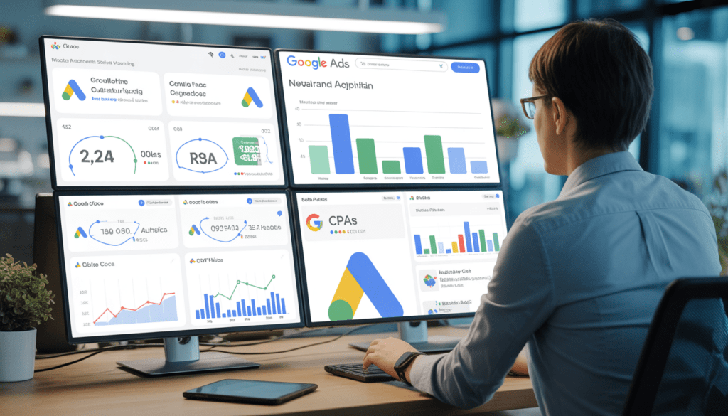 Consultant en marketing digital assis devant plusieurs écrans affichant des tableaux de bord Google Ads avec des graphiques de croissance, ROAS et CPA