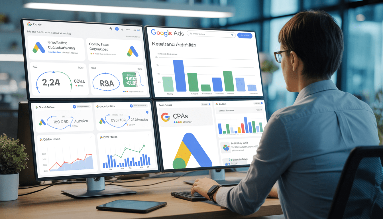 Consultant en marketing digital assis devant plusieurs écrans affichant des tableaux de bord Google Ads avec des graphiques de croissance, ROAS et CPA