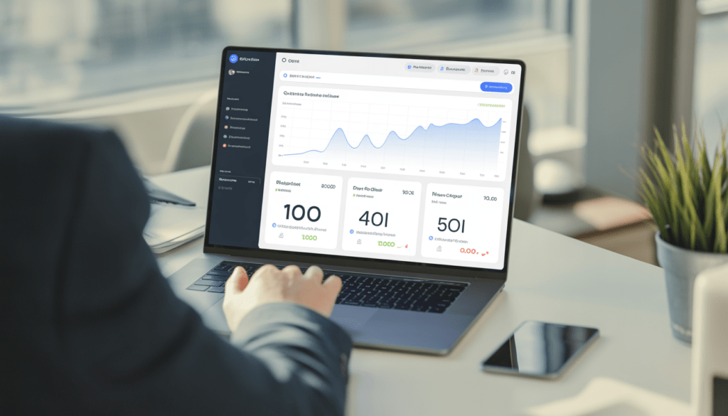 Consultant marketing digital travaillant dans un espace de travail moderne et minimaliste avec un ordinateur portable affichant un tableau de bord de performance avec des graphiques de croissance et des indicateurs de ROI