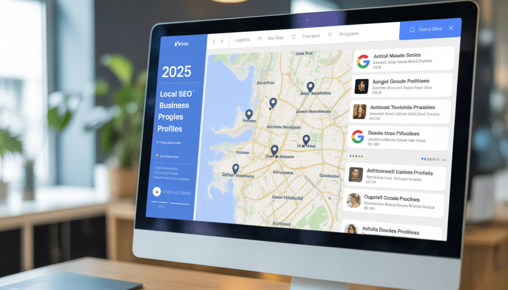 Écran d'ordinateur moderne affichant une carte de Lyon avec des marqueurs localisant les quartiers d'artisans, superposée avec les tarifs SEO local 2025 et profils Google Business optimisés, dans un environnement d'agence digitale minimaliste et lumineux