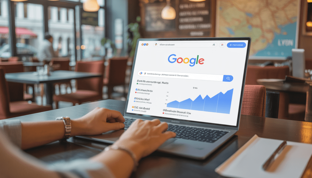 Consultant SEO freelance travaillant sur un ordinateur portable affichant les résultats Google avec le site du restaurant en première position et un graphique de trafic en hausse, dans un restaurant chaleureux de Lyon avec une carte de Lyon en arrière-plan sous un éclairage naturel doux