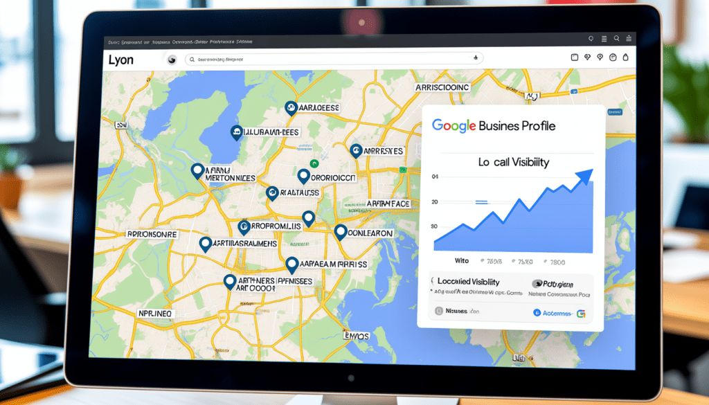 Écran d'ordinateur affichant une carte de Lyon avec des repères de lieux artisanaux, un graphique de visibilité locale en hausse et une interface optimisée Google Business Profile dans un bureau moderne lumineux et épuré