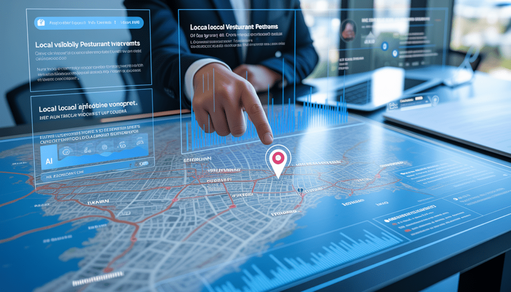 Vue aérienne photoréaliste d'une carte digitale de Lyon affichant des marqueurs précis de restaurants avec une interface IA superposée générant des graphes de visibilité locale et du contenu hyper-local dans un bureau moderne à éclairage bleu high-tech.