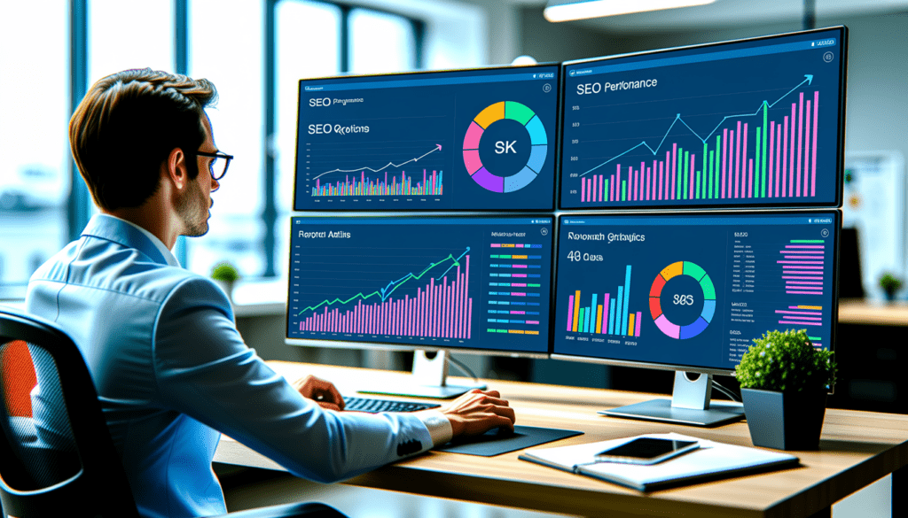 Consultant SEO expert travaillant à un bureau moderne avec plusieurs écrans affichant des tableaux de bord de performance SEO et des analyses de mots-clés dans un bureau lumineux et épuré