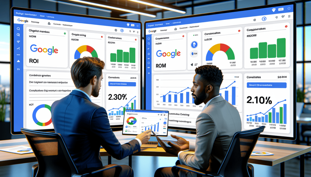 Consultant marketing digital Lyon et gérant PME analysant des tableaux de bord Google Ads sur grands écrans dans un bureau moderne et lumineux