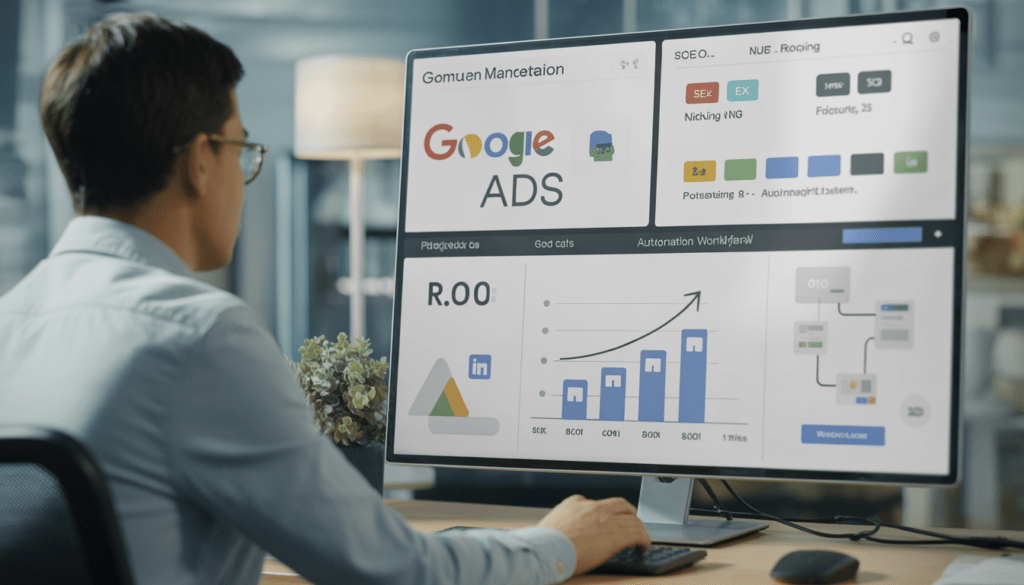 Consultant en marketing digital dans un bureau moderne, regardant un ordinateur avec un tableau de bord Google Ads montrant la croissance du ROI et un schéma d'automatisation, plusieurs écrans affichant des stratégies SEO, emailing et LinkedIn pour PME