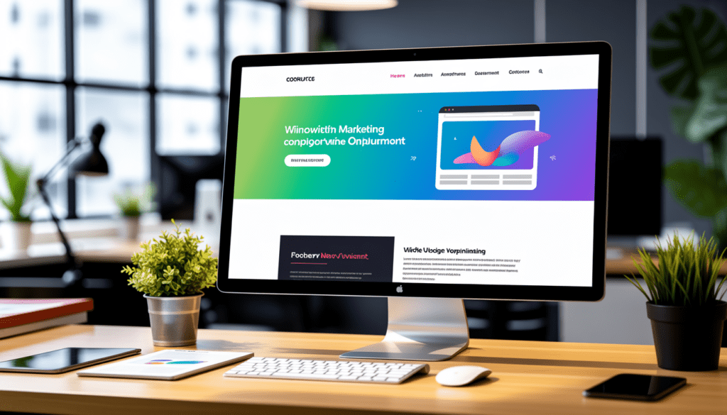 Espace de travail moderne d'un consultant en marketing digital avec un second écran affichant un design de site web minimaliste et vibrant