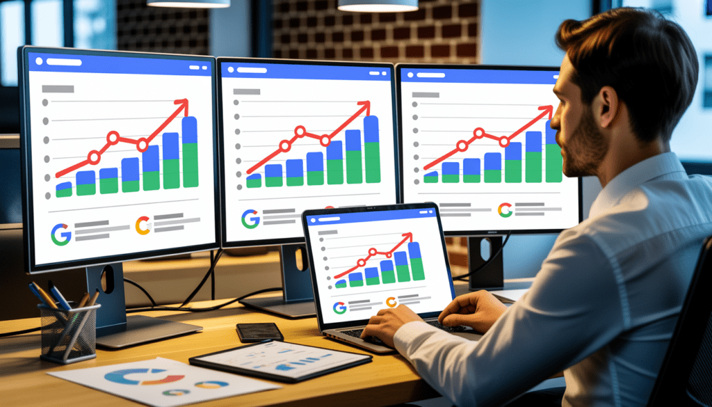 Consultant SEO local travaillant sur plusieurs écrans affichant des graphiques de trafic en hausse et des résultats Google optimisés pour artisans du bâtiment dans un bureau moderne avec lumière naturelle