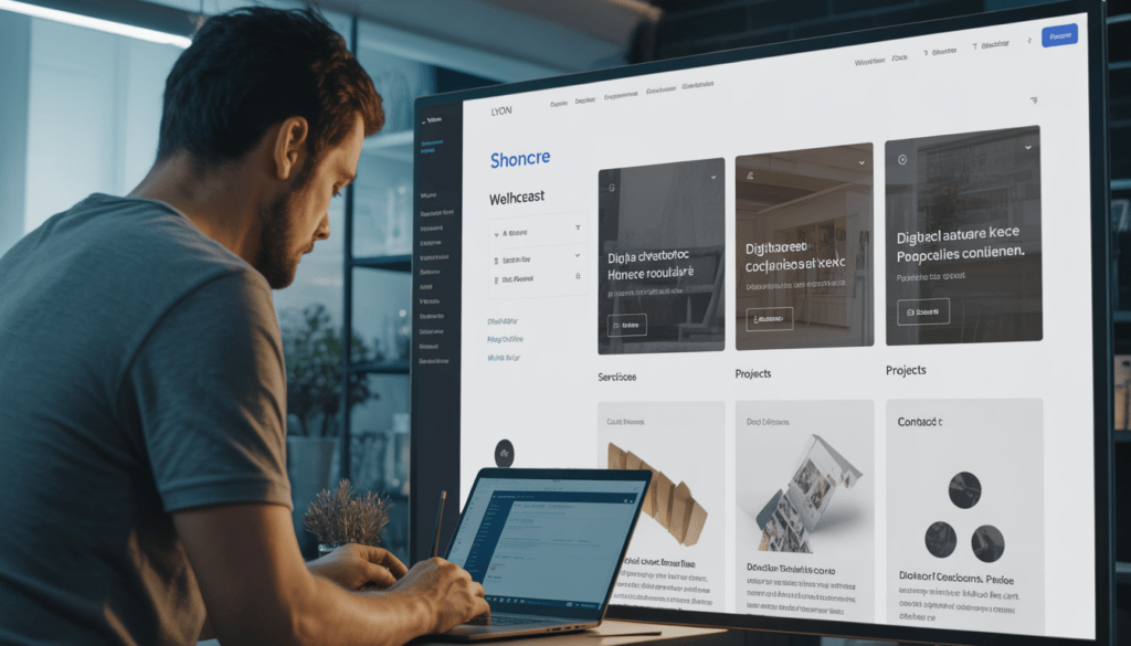Un artisan à Lyon travaille devant un écran WordPress moderne affichant des sections bien structurées de vitrine, services, projets et contact dans un environnement professionnel propre et éclairé par un éclairage high-tech