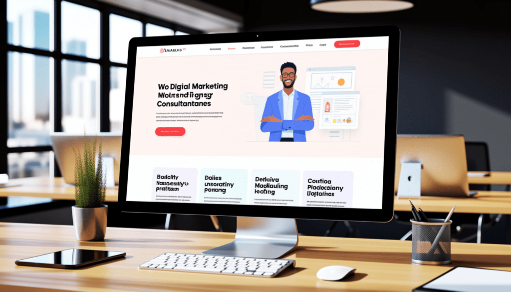 Écran d’ordinateur moderne affichant un design de site web minimaliste et professionnel dans un bureau de consultant en marketing digital
