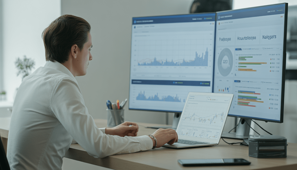 Consultant SEO expert travaillant à un bureau moderne avec plusieurs écrans affichant des graphiques de croissance du trafic et des tableaux d’analyse des mots-clés
