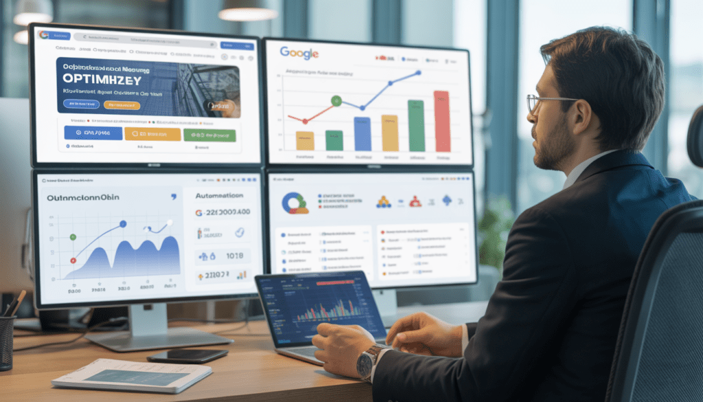 Consultant en marketing digital professionnel assis dans un bureau moderne lumineux avec plusieurs écrans affichant un site SEO optimisé, des graphiques Google Ads et des diagrammes d'automatisation