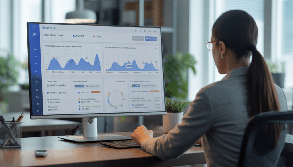 Consultant en marketing digital assis à un bureau moderne avec un grand écran affichant un tableau de bord SEO comprenant des graphiques de visibilité, erreurs techniques et indicateurs de performance.