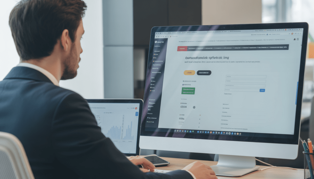 Expert en marketing digital assis à un bureau professionnel moderne, concentré sur un écran d'ordinateur affichant une landing page claire avec CTA et formulaire de capture simplifié, second écran montrant des métriques de conversion