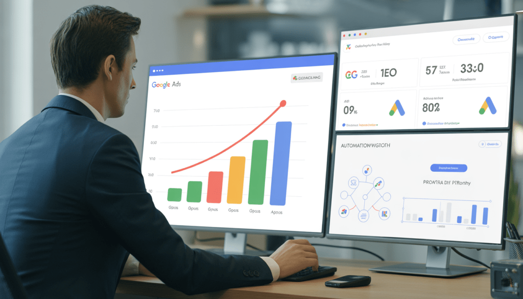 Consultant en marketing digital professionnel debout devant un bureau moderne avec trois écrans affichant des graphiques de croissance Google Ads, un tableau de bord SEO et un diagramme d'automatisation