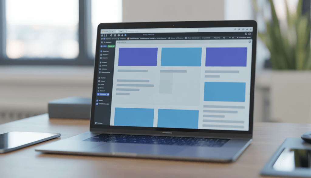 Ordinateur portable affichant une interface WordPress moderne avec des maquettes de pages web en cours, dans un bureau lumineux à Lyon au design épuré et atmosphère professionnelle