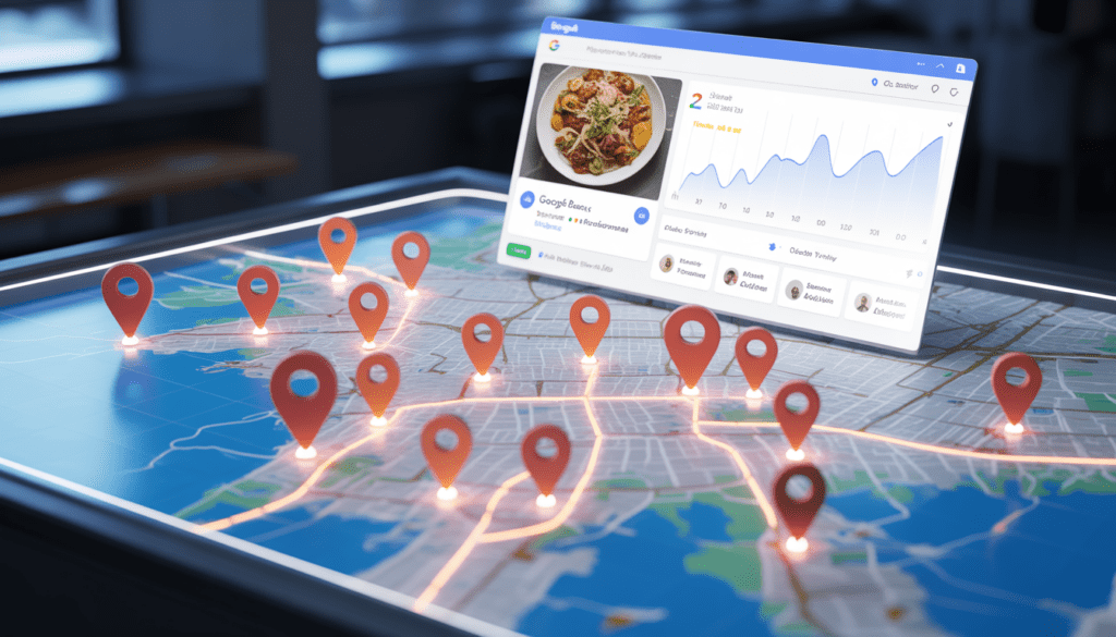 Carte digitale de Lyon 2025 avec des marqueurs lumineux sur les restaurants, une fiche Google Business Profile affichant des photos de plats et avis clients, et un tableau de bord SEO moderne avec graphiques de trafic et métriques de visibilité locale